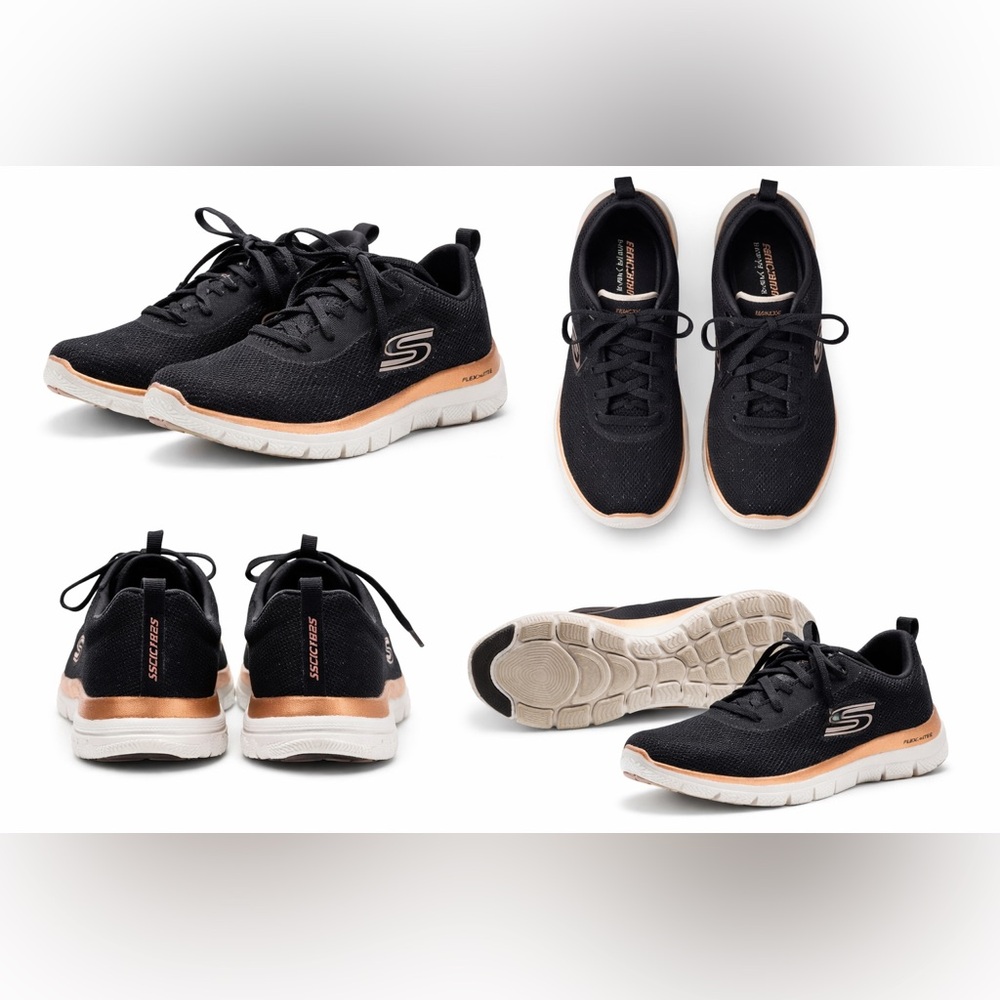 Skechers Flex Sneakers Flex-Lite Black Rose Gold Women’s Size 6.5 Walking Shoes
